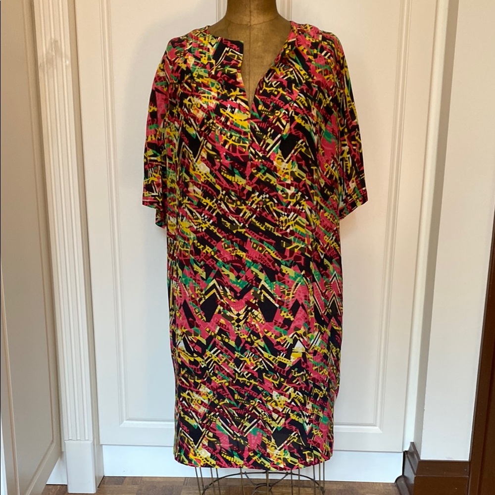 Missoni Pink and Yellow Sheath Dress with V-neck Dolman Sleeves.